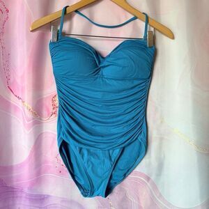 La Blanca 6 Blue One Piece Swimsuit Strapless Halter Retro Preppy Resortwear